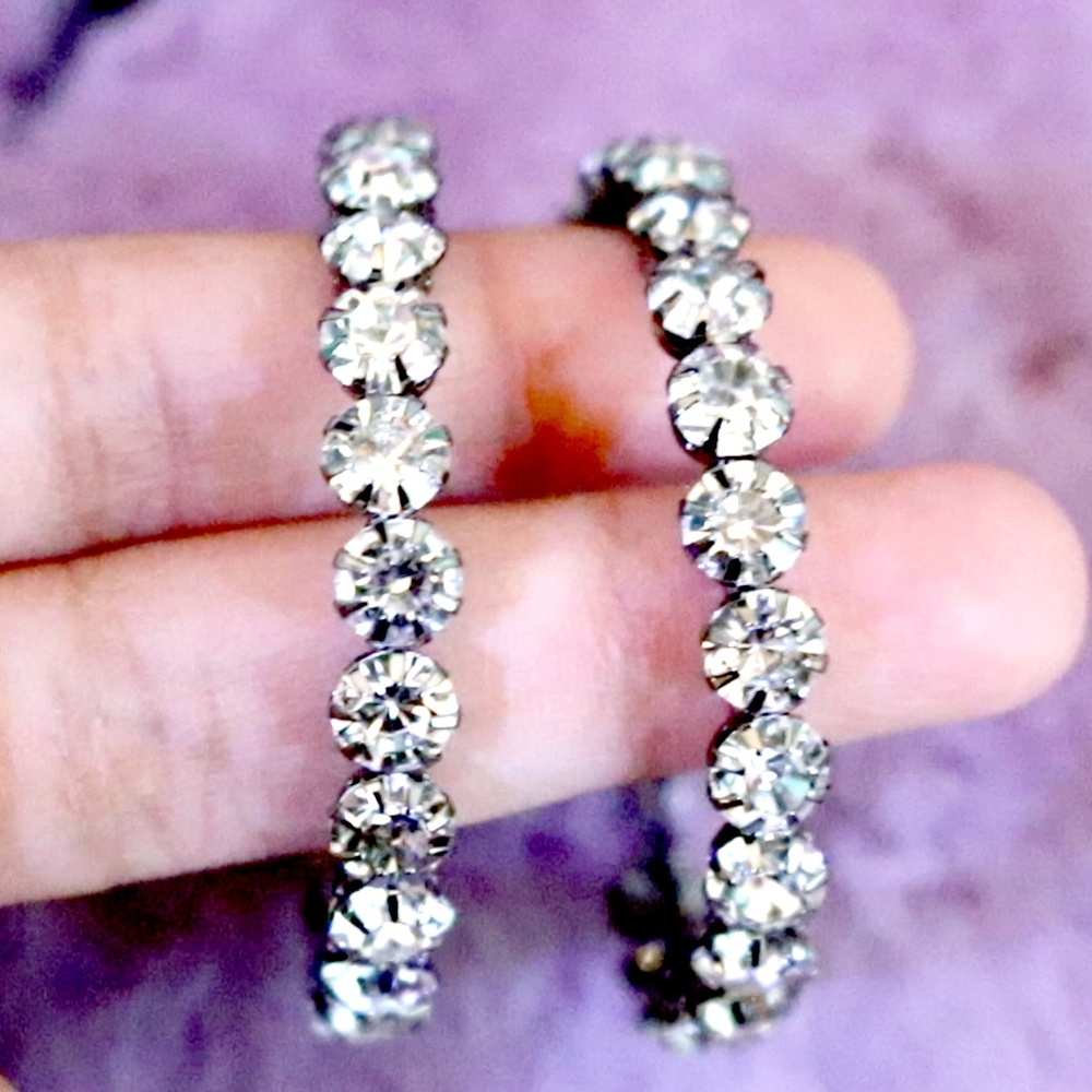Chunky Crystal Silver Hoop Earrings   💜 ONE LEFT - Picture 3 of 4